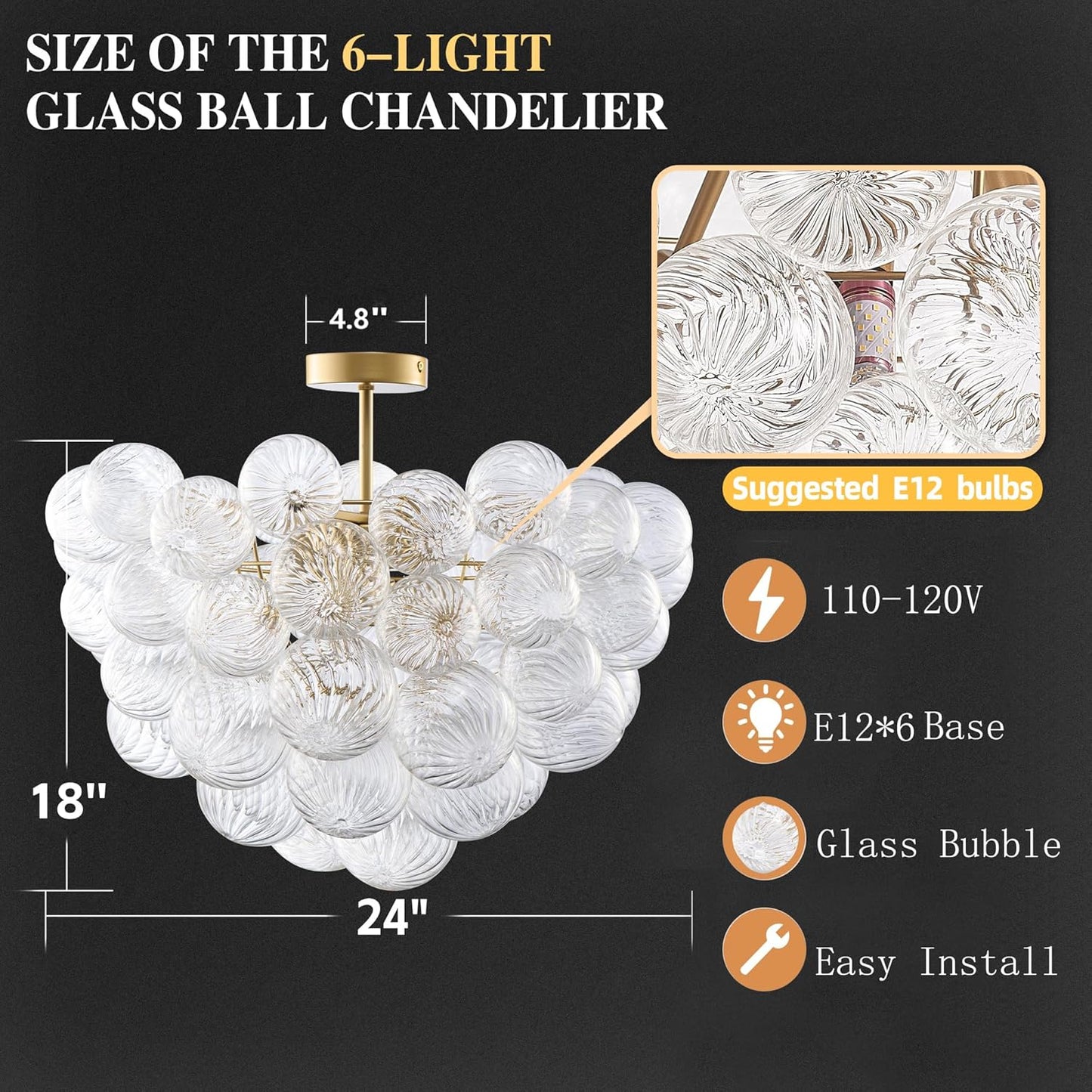 Nordic Bubble Ball Swirled Glass Ceiling Lights Fixture, Dia 24 inch Gild Brass and Clear Blown Glass Small Chandelier for Bedroom Study Bathroom
