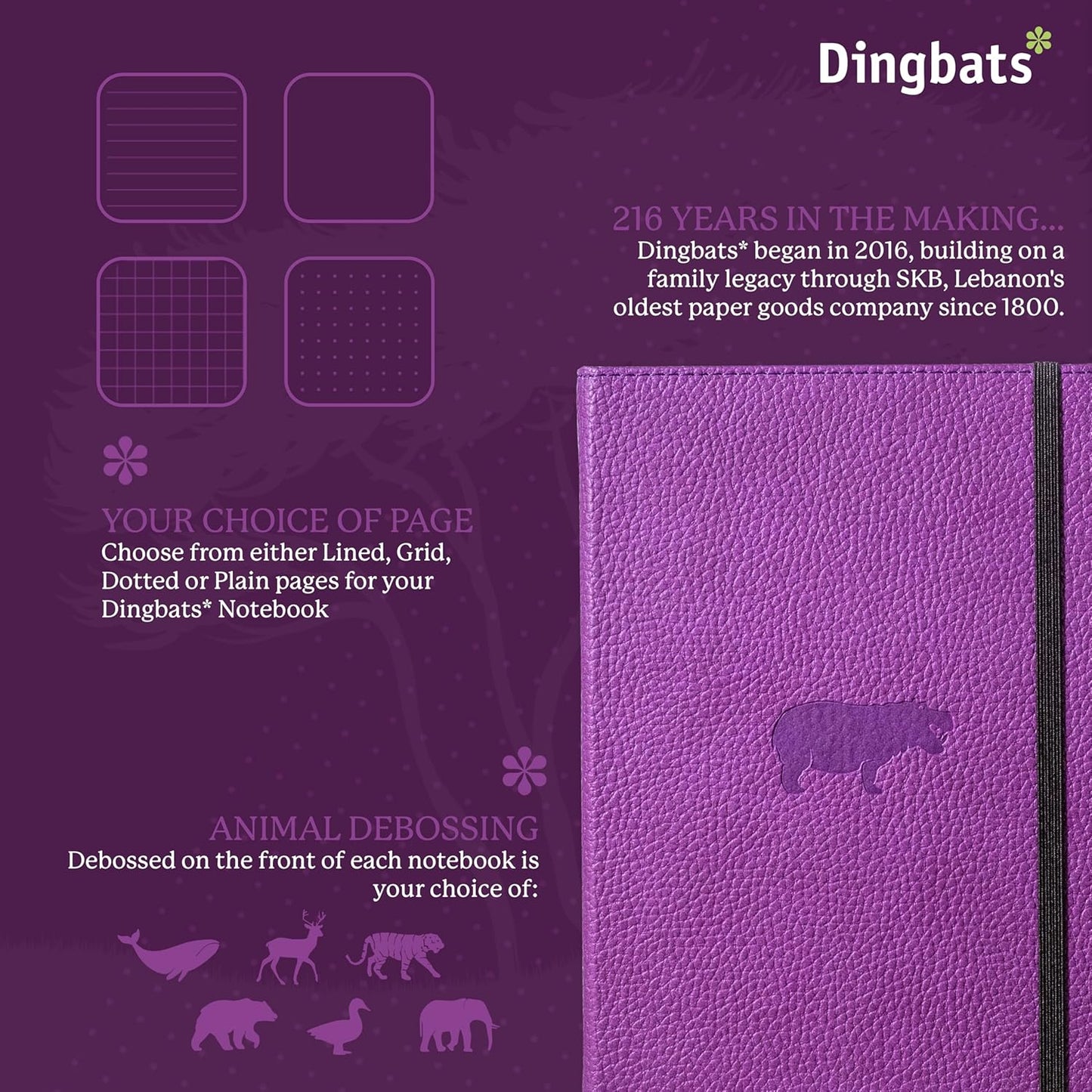 Dingbats* Wildlife Grid Writing Journal Notebook A5 - Vegan Leather Hardcover - Ideal for Work, Travel - Pocket, Elastic Closure, & Bookmark