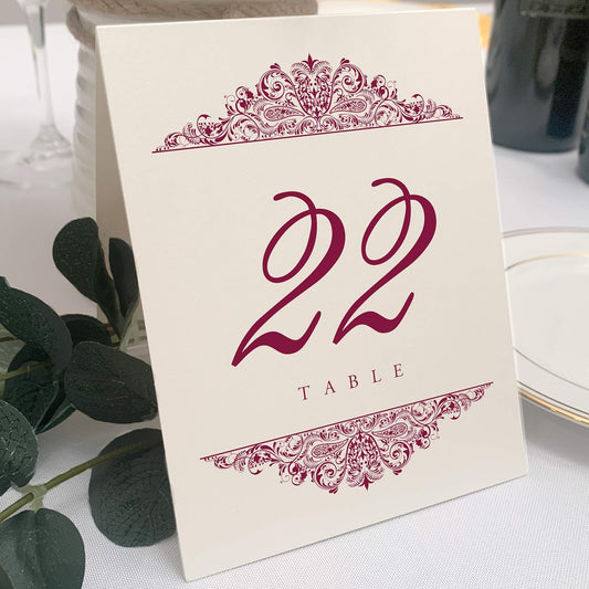 Paisley Wedding Table Numbers (Select Color/Quantity), Champagne, Burgundy, 1-10, Double Sided, Tent or Use in a Stand, Great for Parties & Restaurants - Made in the USA