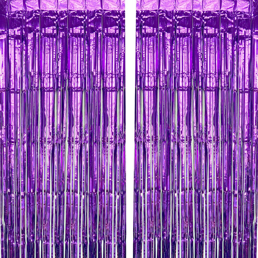 CHRORINE 2 Pcs 1 x 2.5m Purple Metallic Tinsel Foil Fringe Curtain, Backdrop Party Streamers Door Streamers Background for Wedding Bridal Shower Bachelorette Birthday Party Decorations