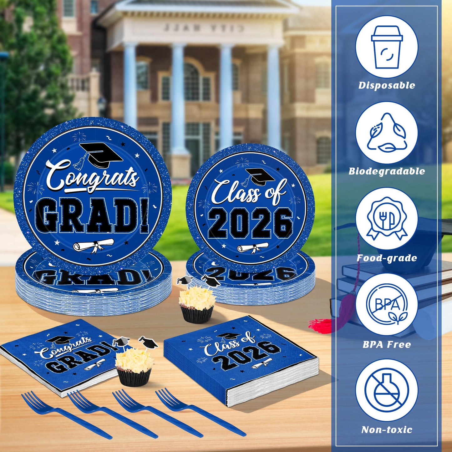 200Pcs Graduation Decorations 2026, Blue Graduation Plates and Napkins Party Supplies for 50