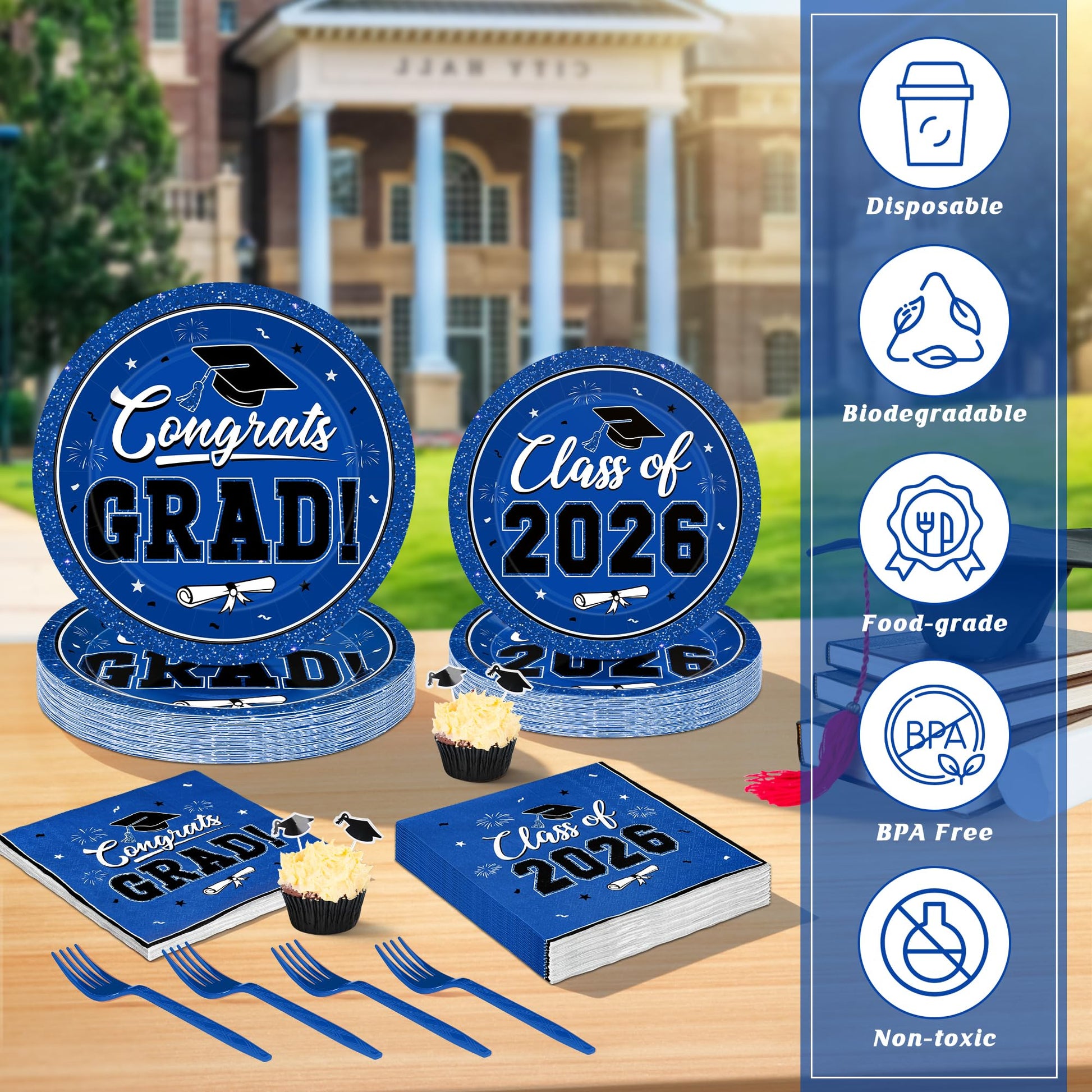 200Pcs Graduation Decorations 2026, Blue Graduation Plates and Napkins Party Supplies for 50