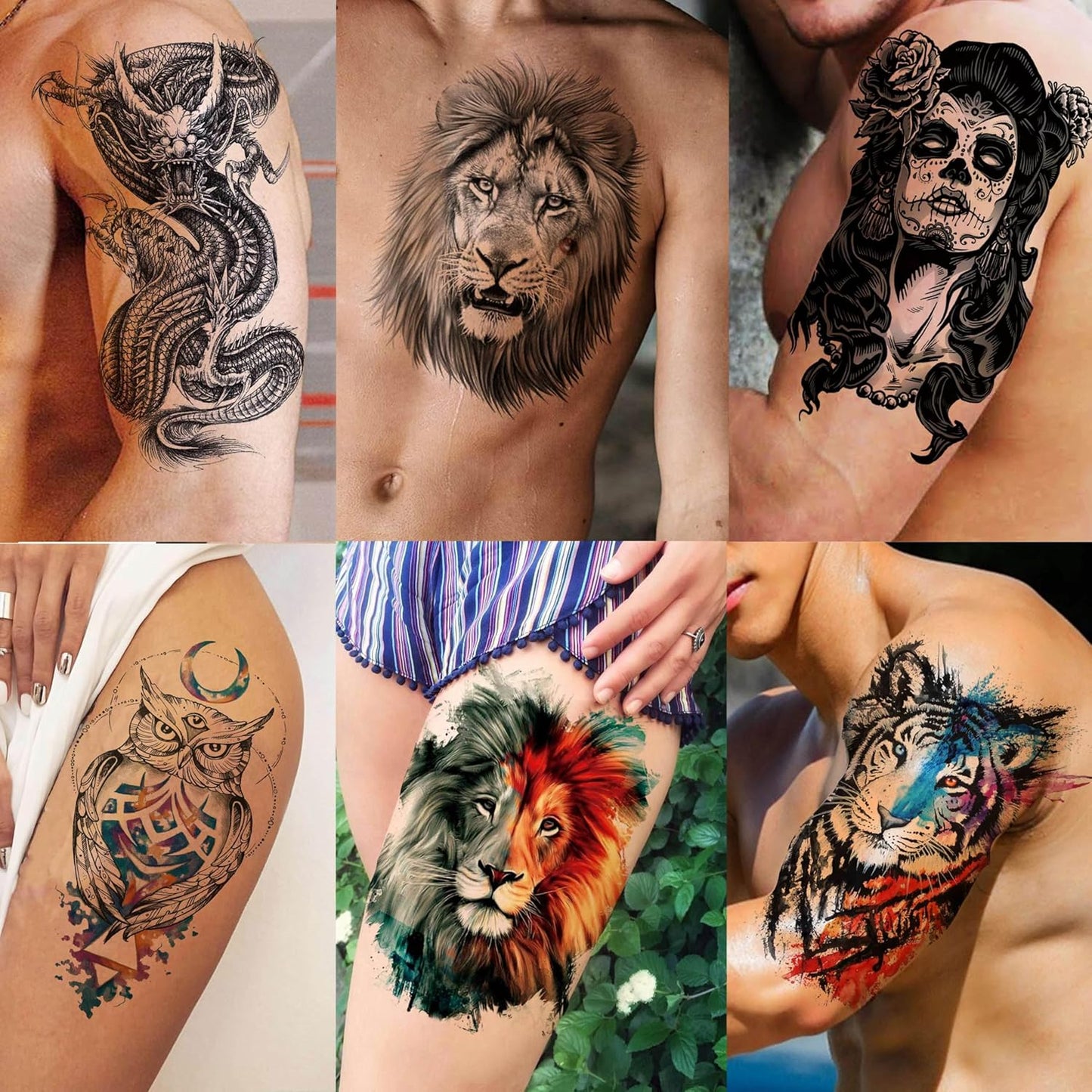 53 Sheets 3D Large Tiger Dragon Temporary Tattoos For Women Thigh Men Arm Adult, Half Sleeve Halloween Gangster Lion Owl Fake Tattoo Sticker, Warrior Wolf Flower Bulk Tiny Small Tatoos Finger