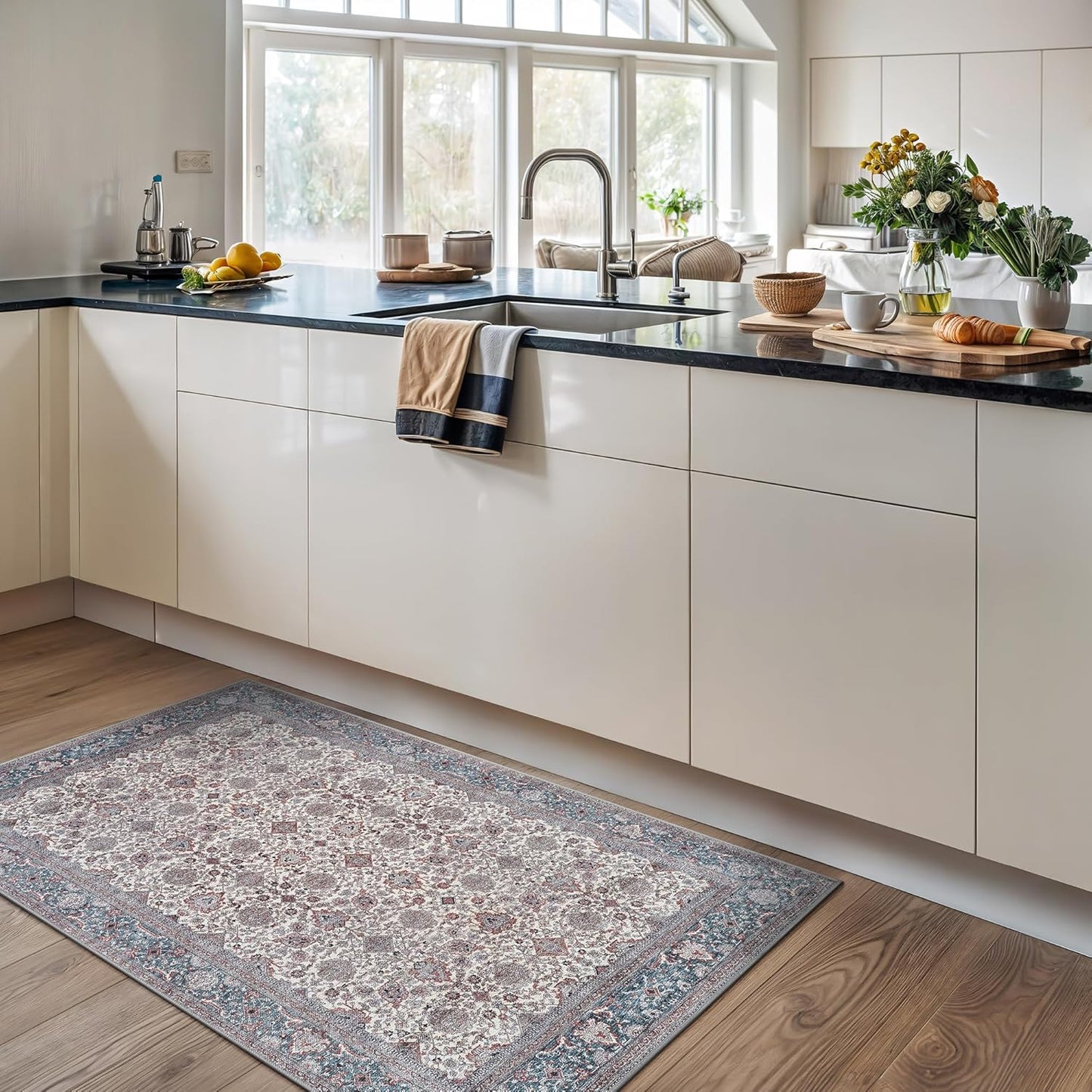 Bloom Rugs Washable Non-Slip 3' x 5' Rug - Teal/Blue/Beige Traditional Oriental Area Rug for Living Room, Bedroom, Dining Room, and Kitchen - Exact Size: 3' x 5'