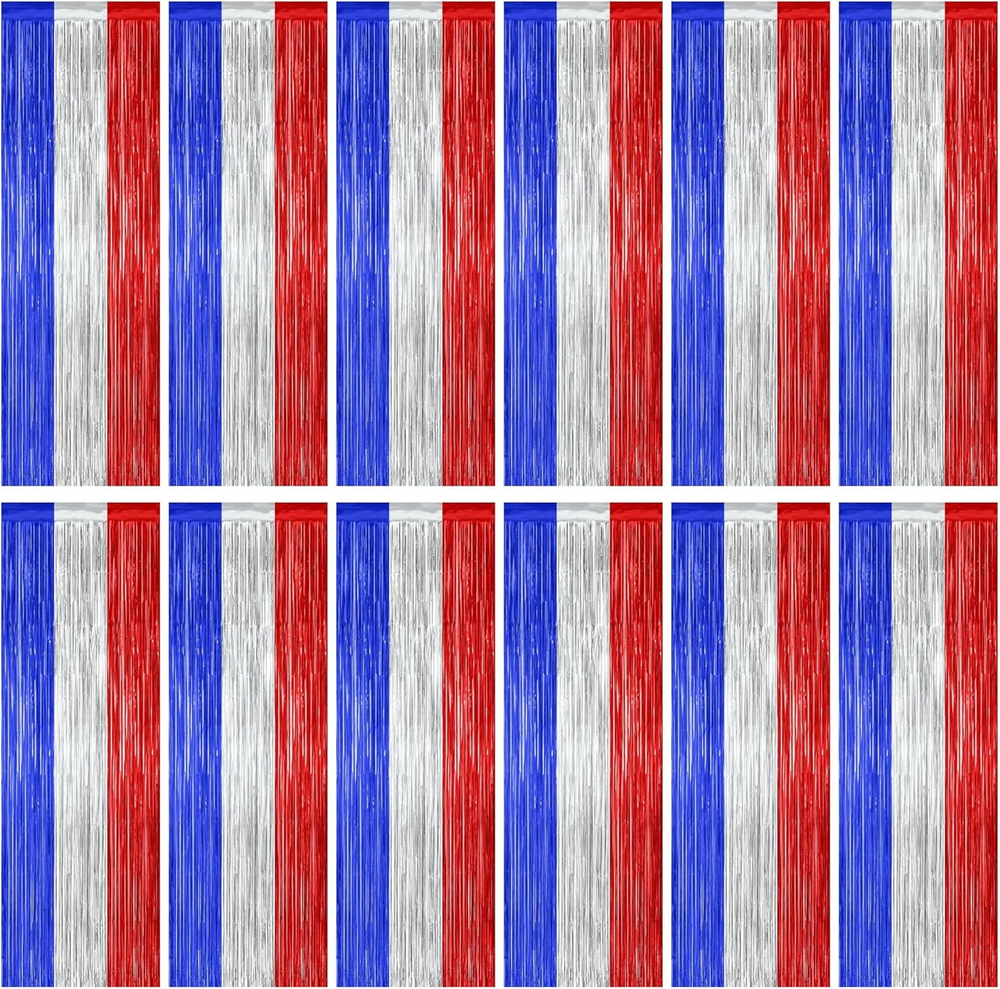 12 Pack 4th of July Decorations, 3.28 FT x 7.05 FT Patriotic Tinsel Backdrop, Metallic Blue Silver Red Fringe Curtains Party Streamer Foil Backdrop, Independence Day Party Supplies Patriotic Decor