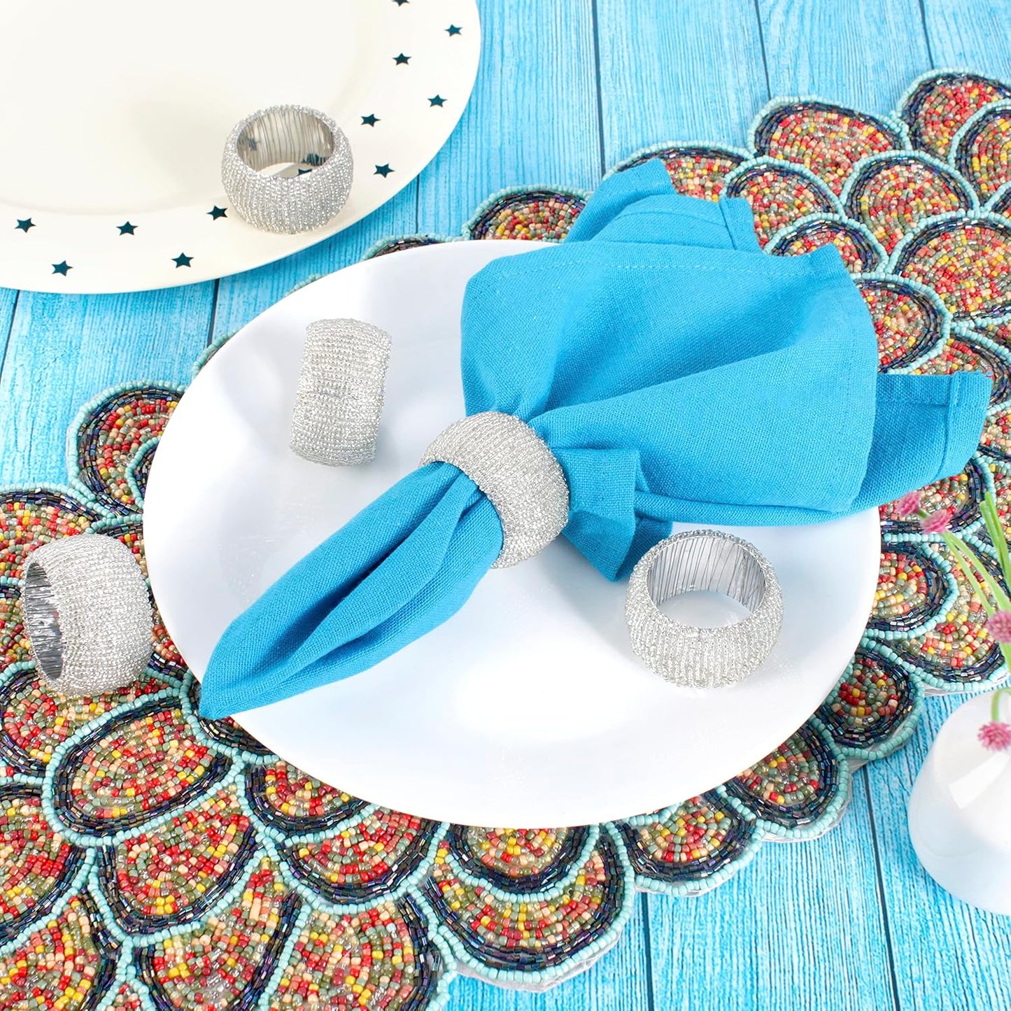 Decorative Beaded Napkin Rings Set of 12 - Rhinestone Serviette Holder for Table Décor, Christmas, Thanksgiving, Weddings, Parties, Artisan Festive Luxury Dining Napkin Holders (Silver) - CLEENTABLE