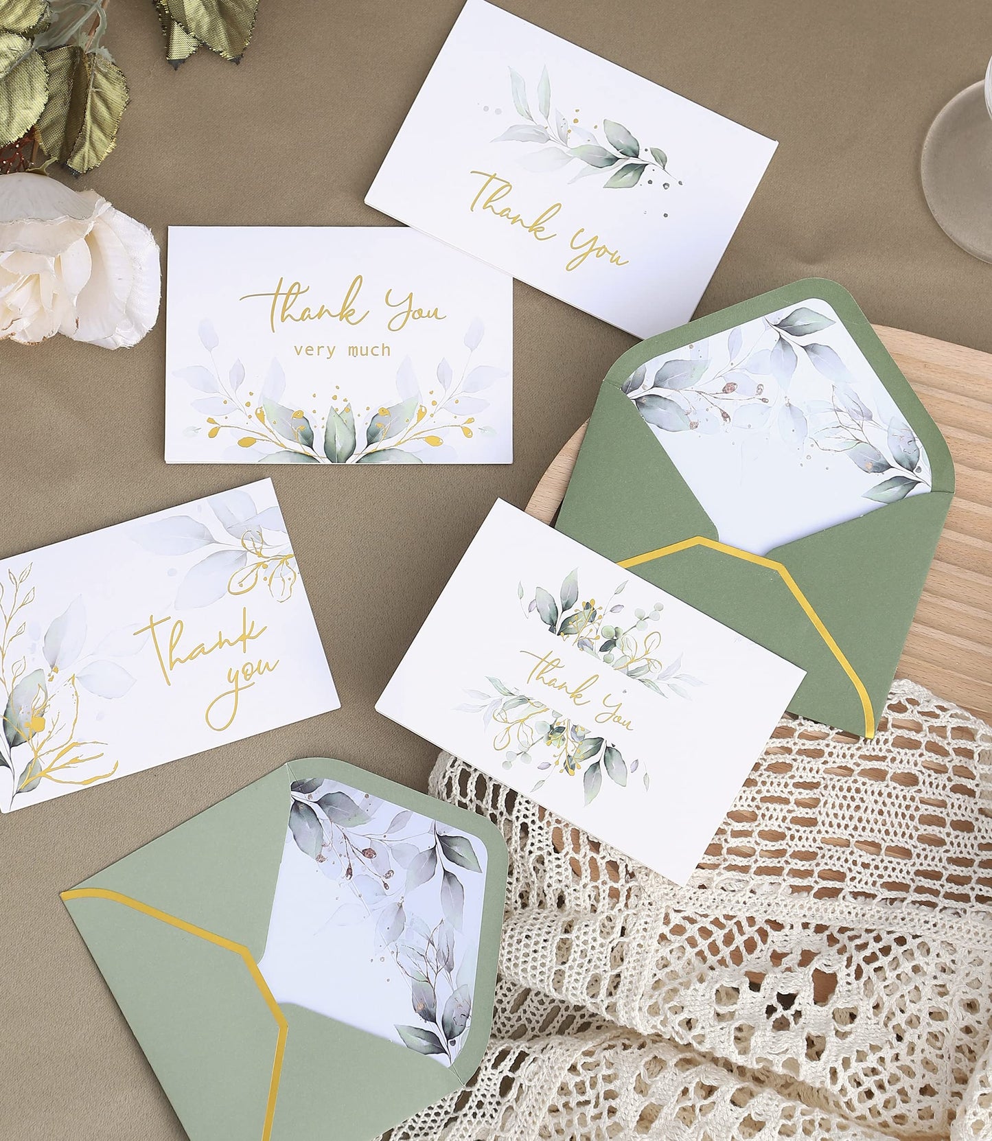Winoo Design 100 PK Luxurious Gold Thank You Cards with Envelopes Bulk Sage Green - 5x3.5 Inches