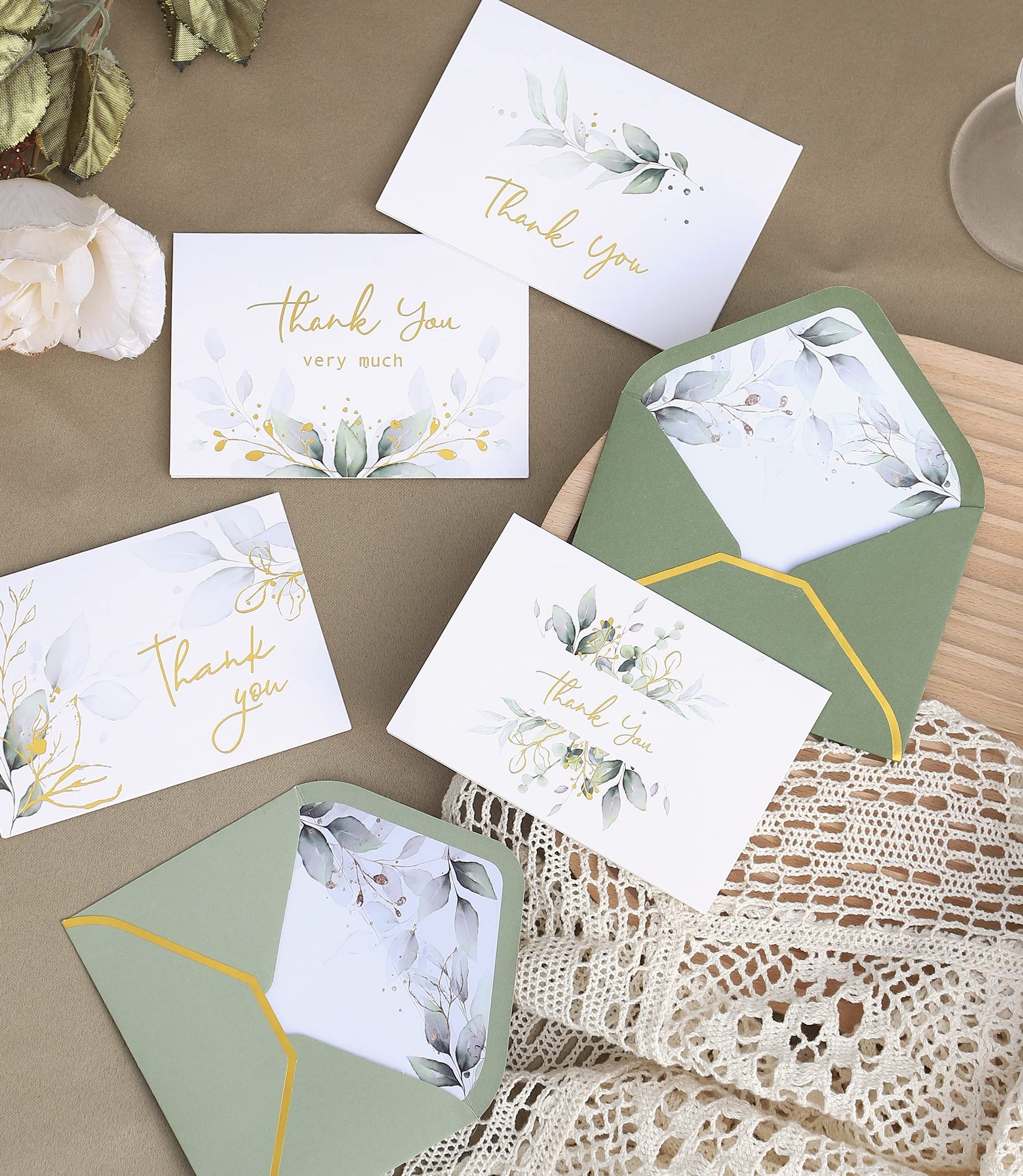 Winoo Design 100 PK Luxurious Gold Thank You Cards with Envelopes Bulk Sage Green - 5x3.5 Inches