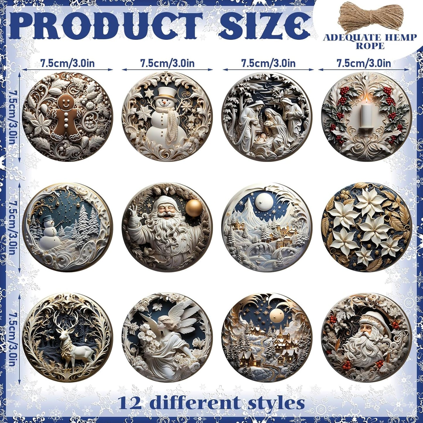 Suzile 36 Pcs Christmas Wooden Ornaments Vintage Christmas Decoration White Sculpture Hanging Decor Retro Round Santa Claus Snowman Tree Decoration for Farmhouse Xmas Home Wreaths Winter Party