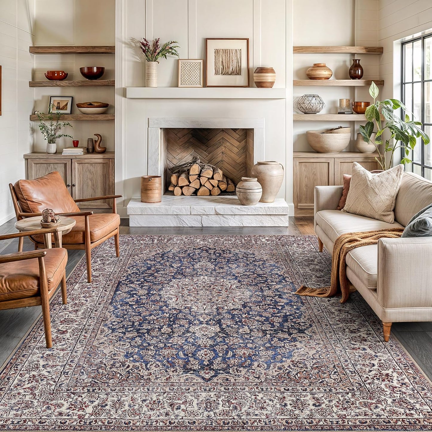 Bloom Rugs Washable Non-Slip 8' x 10' Rug - Dark Blue/Beige Traditional Medallion Area Rug for Living Room, Bedroom, Dining Room, and Kitchen - Exact Size: 8' x 10'