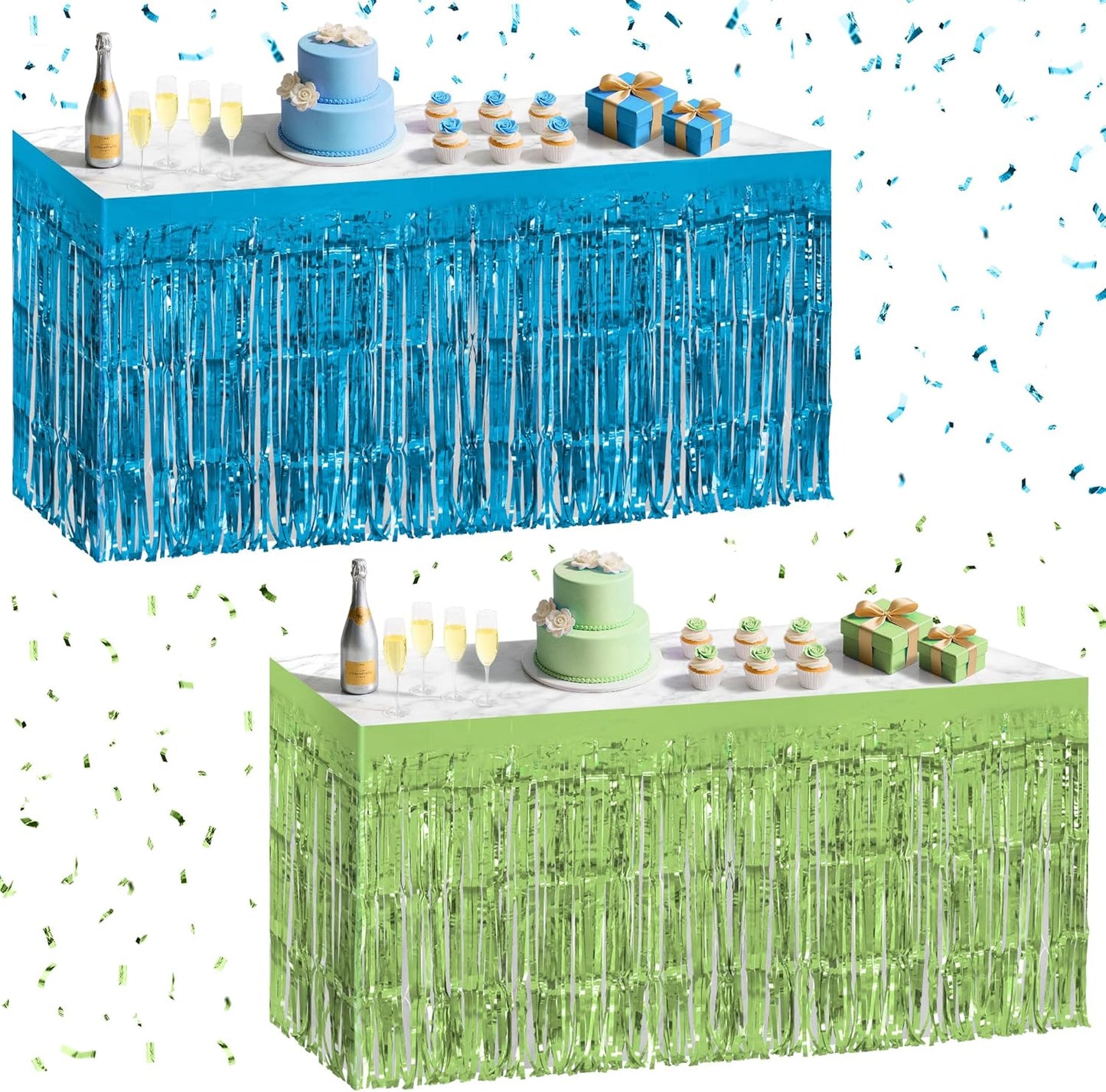 2 Pack Lake Blue Lime Green Table Skirts, 29x108" Metallic Foil Tinsel Fringe Table Skirt for Rectangle Tables Streamer Curtains Backdrop, Party Decorations for Birthdays, Weddings, Holidays