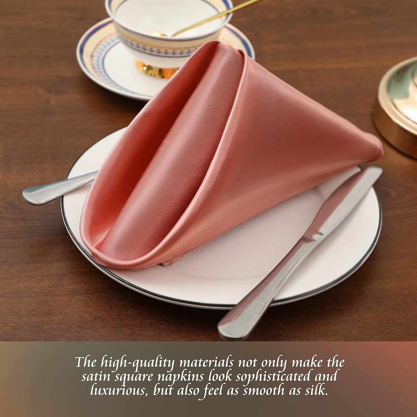 Manyshofu 50 Pieces Rose Gold Satin Napkins - 12x12 Inches Cloth Napkins, Square Satin Fabric Napkin Set - Smooth & Reusable Table Napkins for Wedding Dinner Party Lunch Banquet Restaurant Decoration