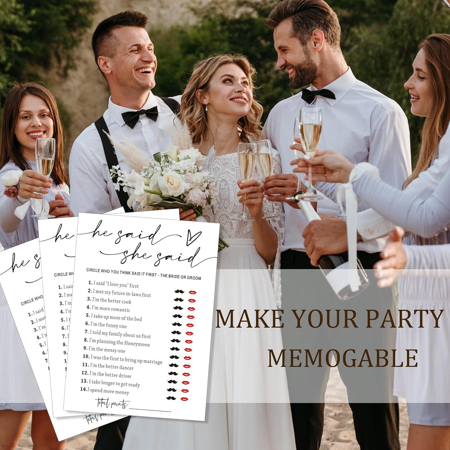 Fun Bridal Shower Games Set 25 Weddin Games Cards He Said She Said with Fun Bride and Groom Trivia Favors for 25 Guests, Minimalist White Wedding Party Supplies - A09