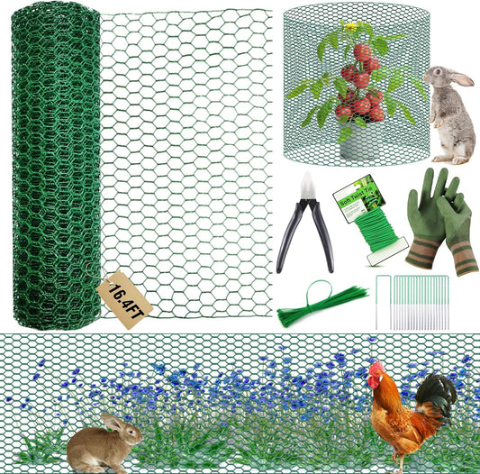 16.4Ft x16In Chicken Wire for Floral Arrangements - Free-Cut Green Metal Mesh with Hexagonal Galvanized PVC Coated Netting Guard Fence for Poultry, Garden, Plant