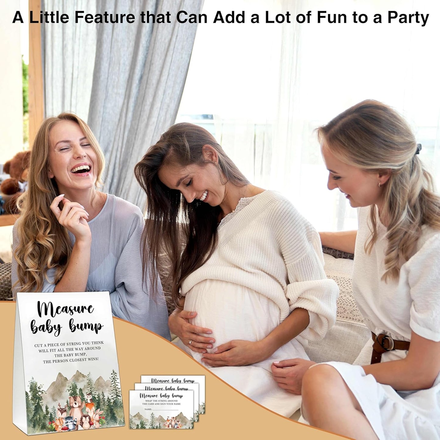 Woodland Baby Shower Game: Jungle Animal Safari Measure Baby Bump, 1 Standing Sign with 50 Cards for Gender Neutral Shower - A02