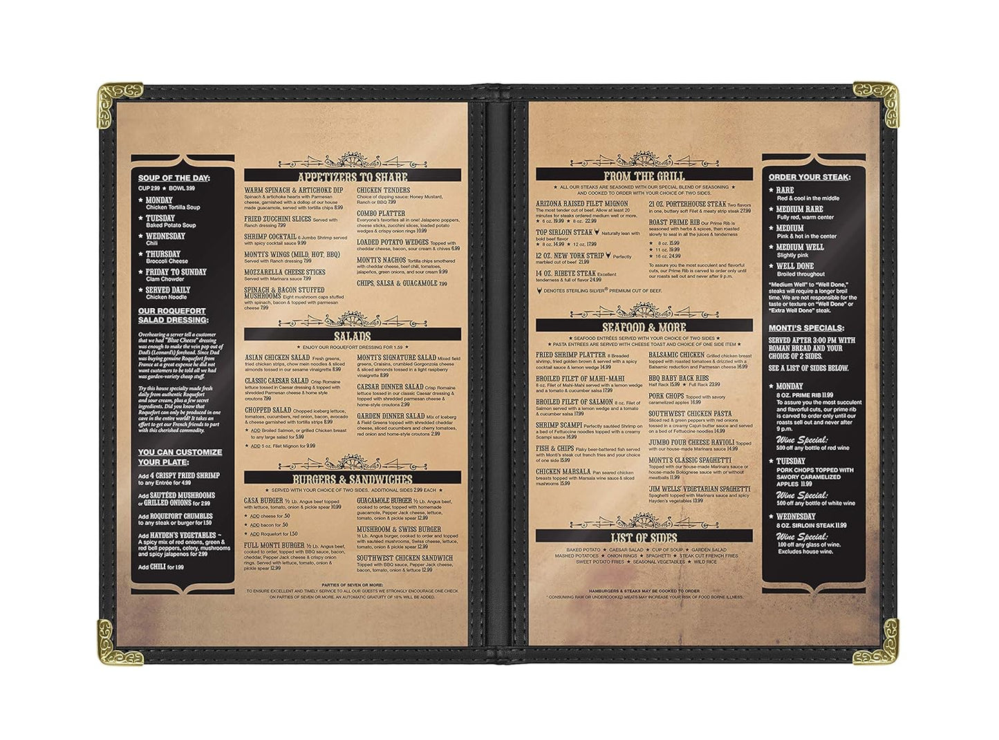 Goodsmart Restaurant Menu Covers – 25 Pack Black 4-View, Side-Loading Menu Holders, Vinyl & Plastic Café Menu Covers, Clear Menu Sleeves, Fits 5.5" x 8.5", Leather-Style Design, Gold Corners