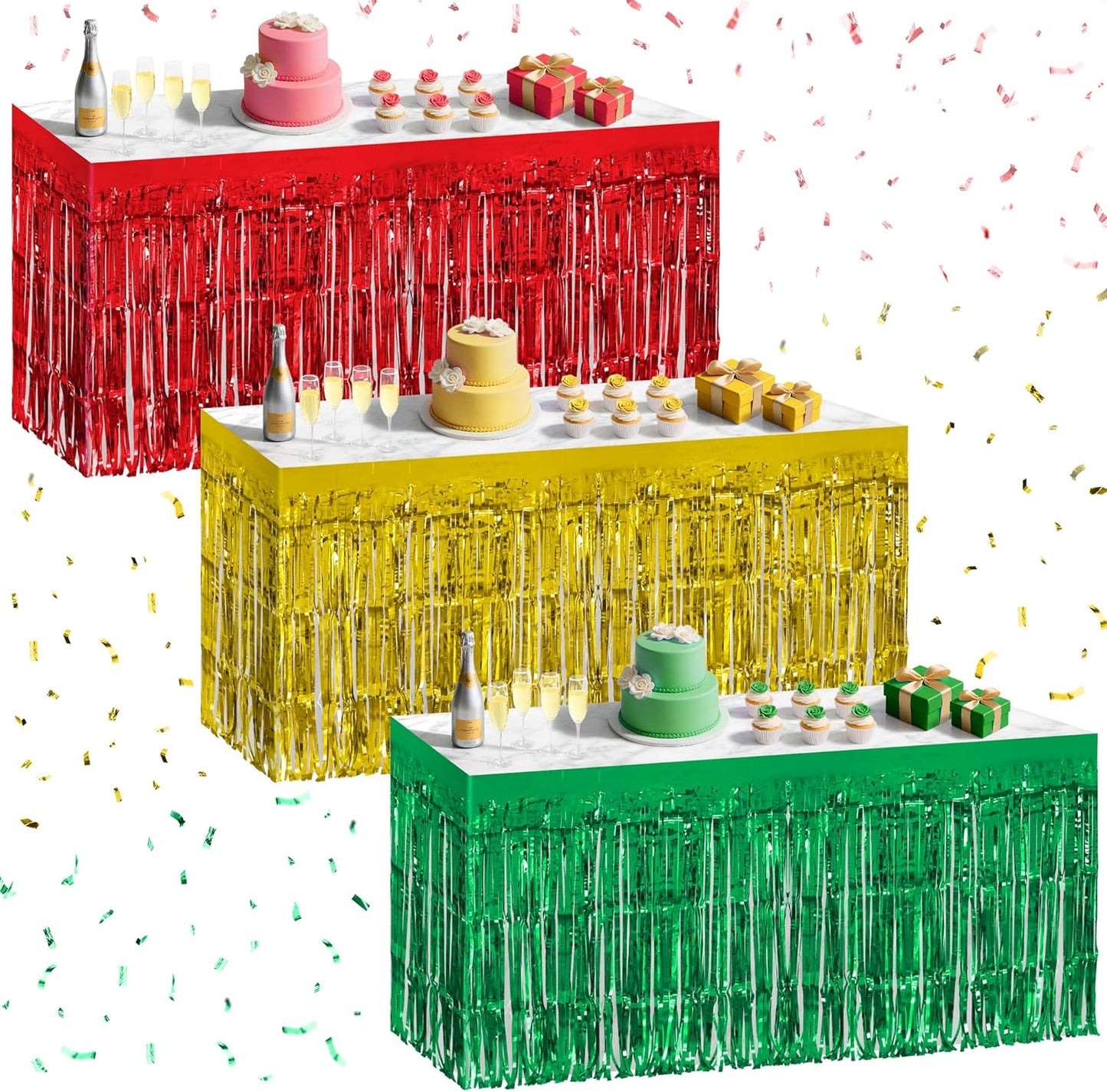 3 Pack Red Green Gold Table Skirts, 29x108" Metallic Foil Tinsel Fringe Table Skirt for Rectangle Tables Streamer Curtains Backdrop, Party Decorations for Birthdays, Weddings, Holidays