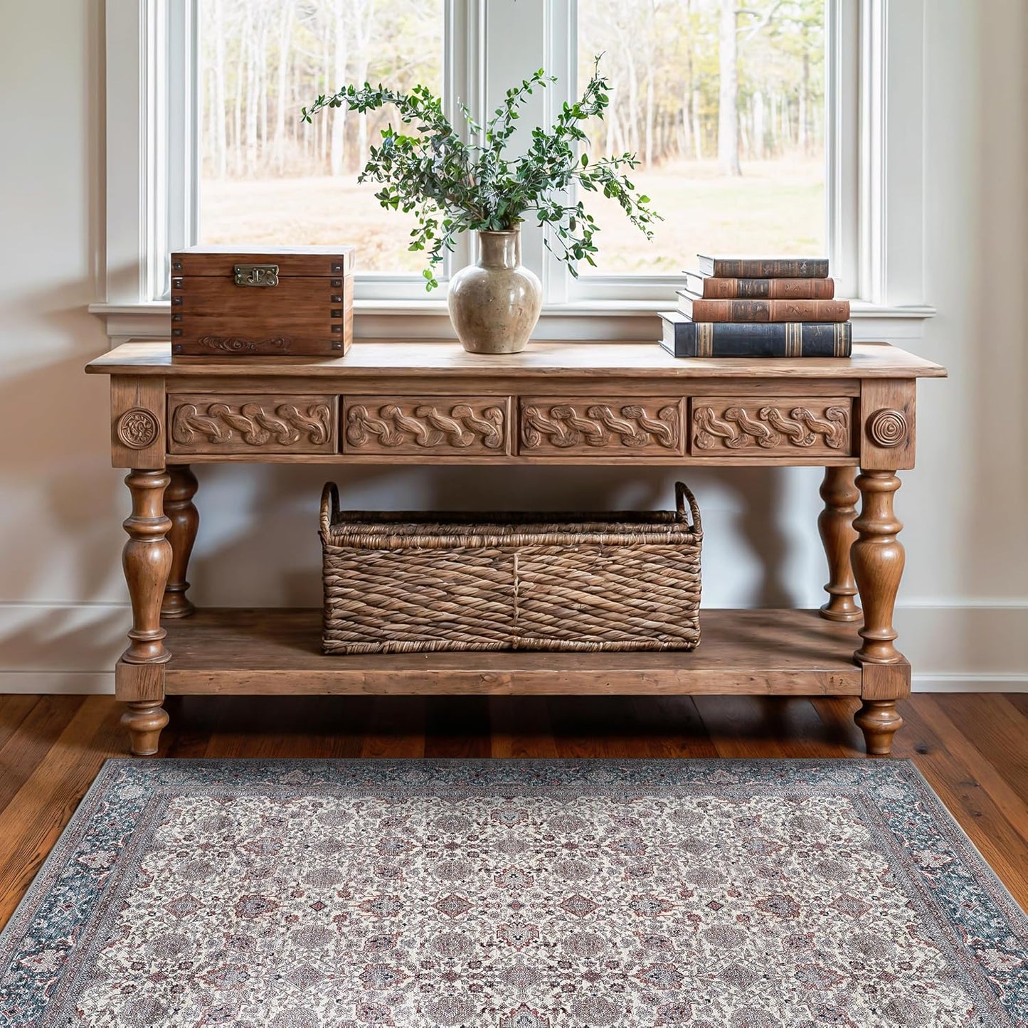 Bloom Rugs Washable Non-Slip 3' x 5' Rug - Teal/Blue/Beige Traditional Oriental Area Rug for Living Room, Bedroom, Dining Room, and Kitchen - Exact Size: 3' x 5'