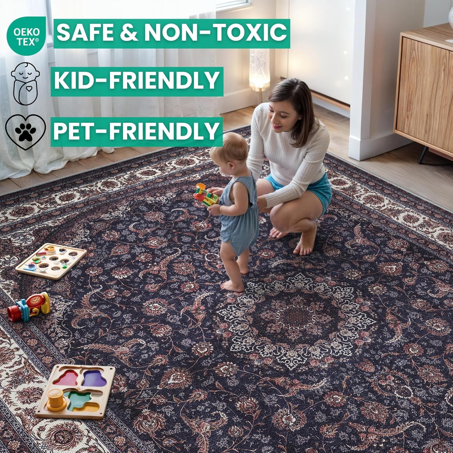 Bloom Rugs Washable Non-Slip 9' x 12' Rug - Navy Traditional Medallion Area Rug for Living Room, Bedroom, Dining Room, and Kitchen - Exact Size: 9' x 12'