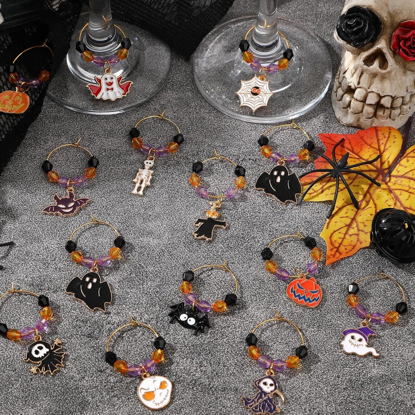 SANNIX 24Pcs Halloween Wine Charms, Wine Charms for Stem Glasses, Glass Identifiers for Halloween Party Holiday Decorations