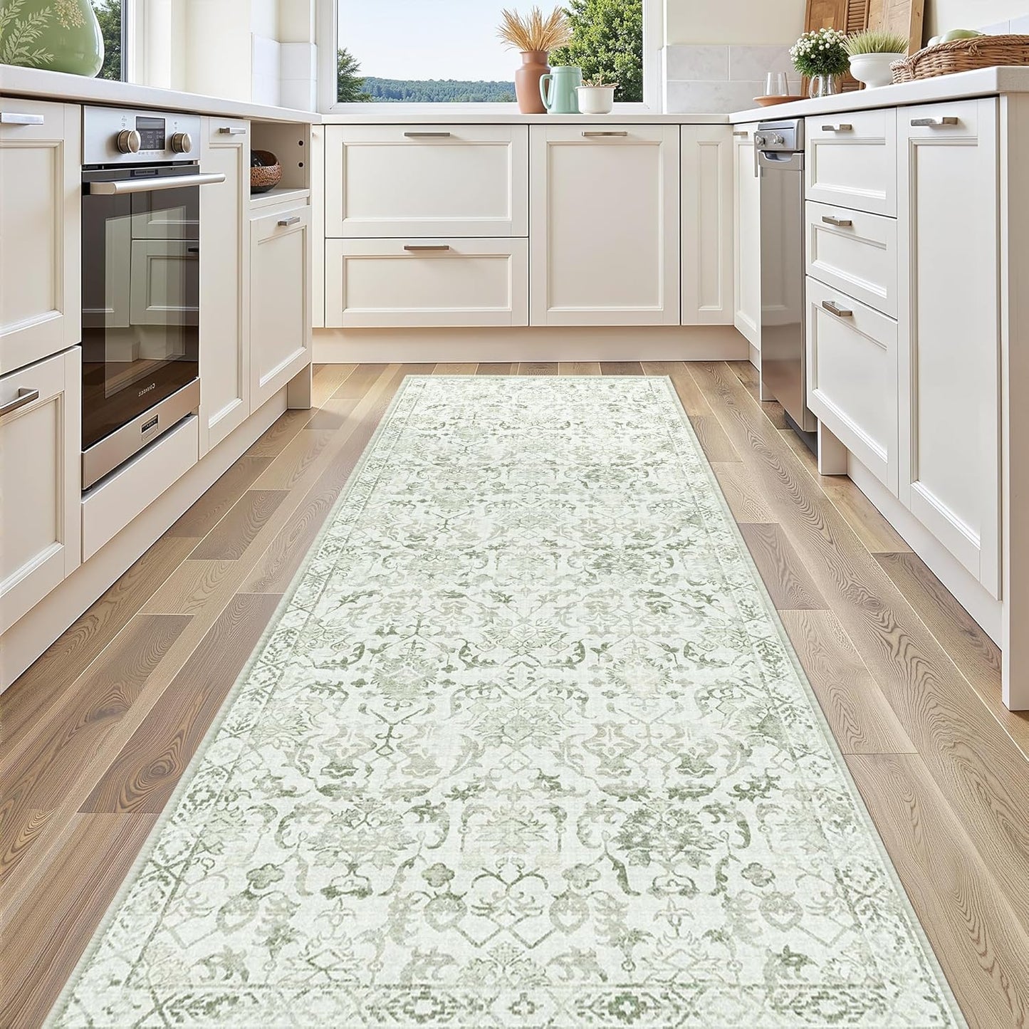 Sage 3x10 Runner Rug for Hallways Bed Side Kitchen, Boho Washable Distressed Low-Pile Floor Entryway Long Bathroom Mat, Non-Slip Laundry Room Washstand Front Carpet Green 36x84 Inch