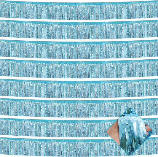 10 Pack 10 Feet Foil Fringe Garland Metallic Tinsel Streamers Banner Wall Hanging Curtain Backdrop for Parade Floats, Bachelorette, Wedding, Birthday, Halloween, Christma Party Decoration(Light Blue)