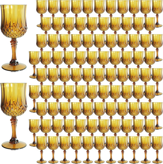 Plastic Wine Glasses，100PCS Amber Plastic Goblets Vintage Style Cordial Drinking Glasses for Wedding Reception, Grand Event Party Supplies (100, Amber)