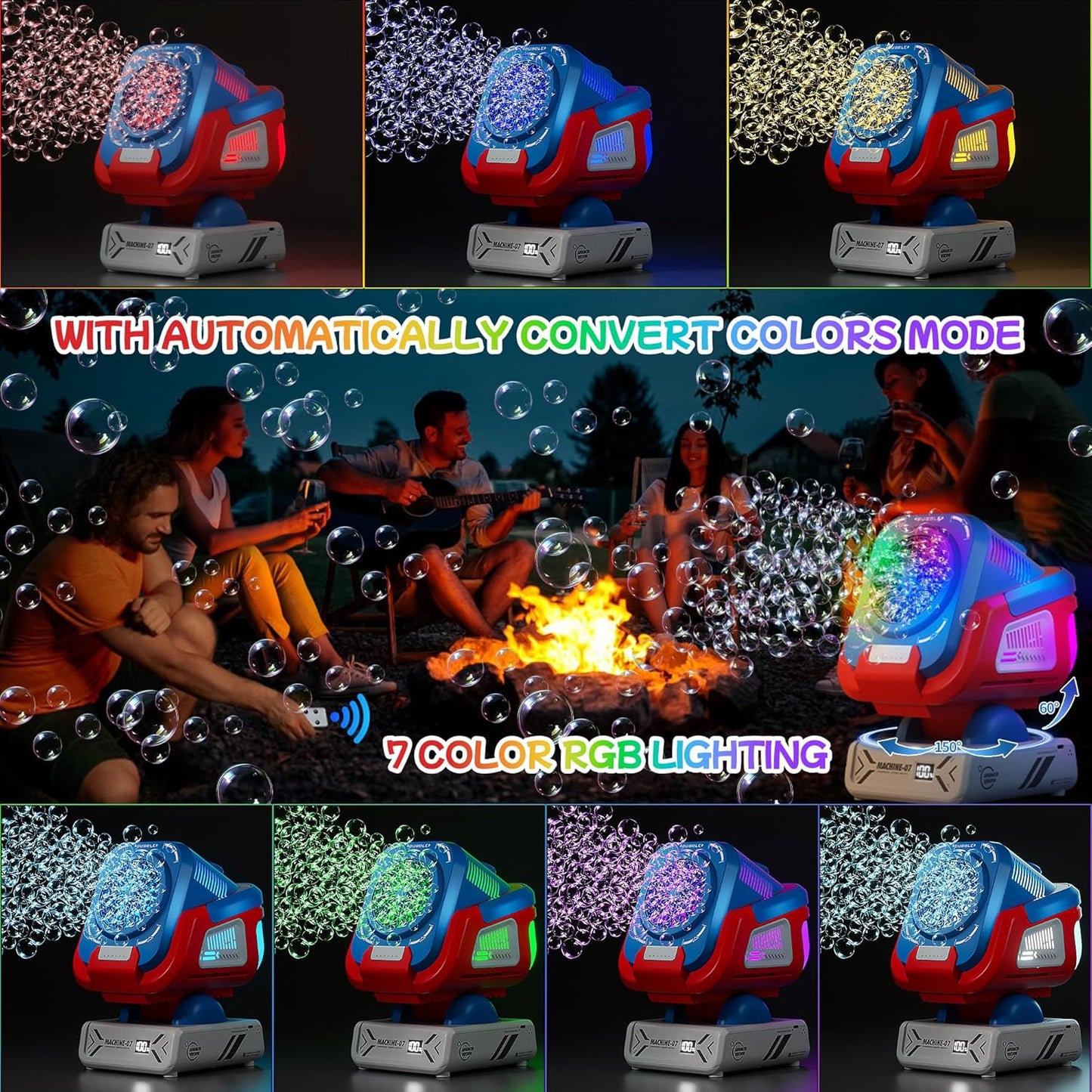 2025 Upgraded Bubble Machine with Remote Control, Automatic Rotation & RGB Lights, 1800mAh Rechargeable Battery, Type-C Charge, Bubble Maker for Kids, Weddings, Birthday Parties, Outdoor Activities