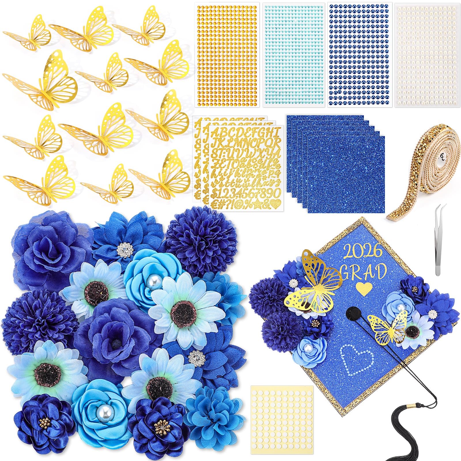 Wavwavw 43 PCS DIY Graduation Cap Decorations Kit, Grad Cap Decorations Included Faux Flowers 3D