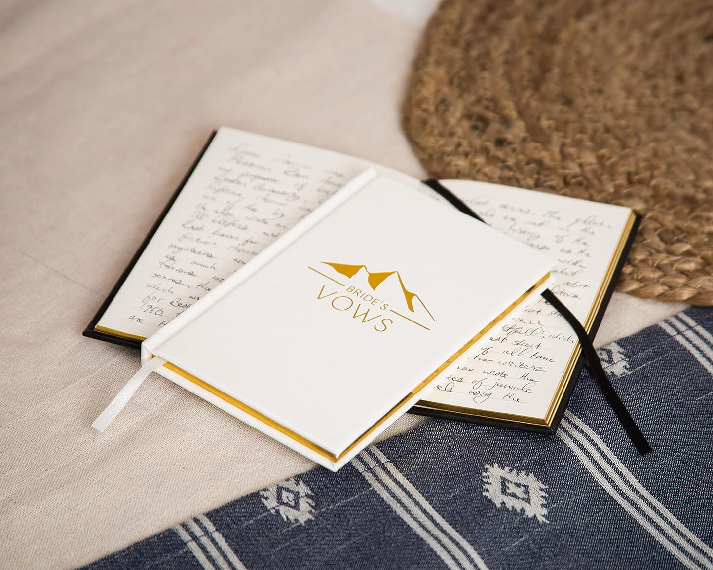 Groom's and Bride's Vows Wedding Vow Books (Set of 2) - Black & White Pocket Sized Gold Foil Embossed Mountain Design Wedding Ceremony Vow Renewal Speech Notebook Planner Gift for Newly Engaged Couple