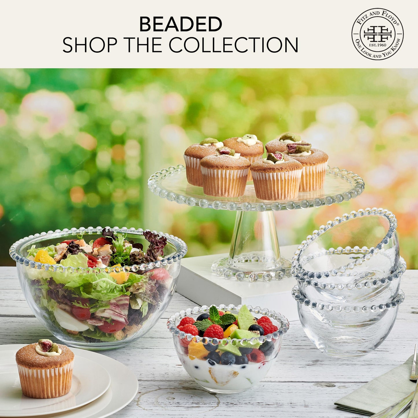 Fitz & Floyd Beaded Large Glass Cake Stand, 10.75 Inch Clear Glass Pedestal Cake Stand for