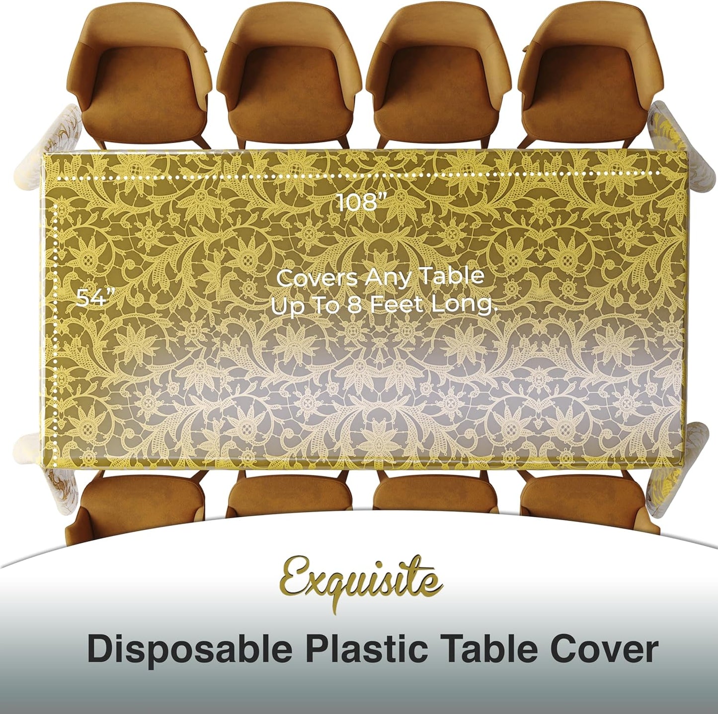 Exquisite Lace Table Cloth Rectangle Table Plastic 12-Pack Lace Tablecloth Rectangular 54" X 108" | Clear & Gold Floral Tablecloth Disposable | Wild Flower Party Decorations & Party Supplies