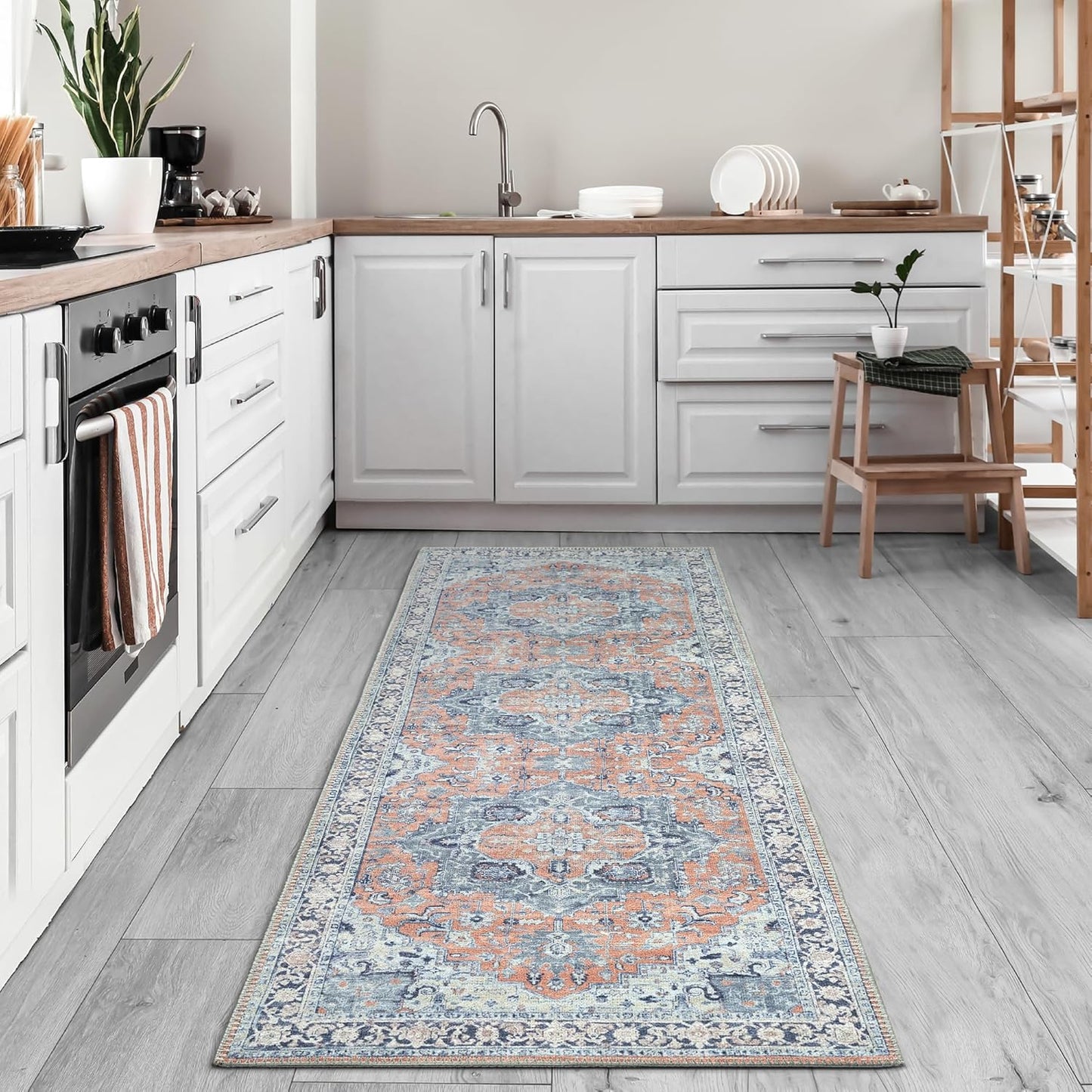 Bloom Rugs Washable Non-Slip 7 ft Runner - Coral/Blue Traditional Medallion Runner for Entryway, Hallway, Bathroom, and Kitchen - Exact Size: 2.5' x 7'