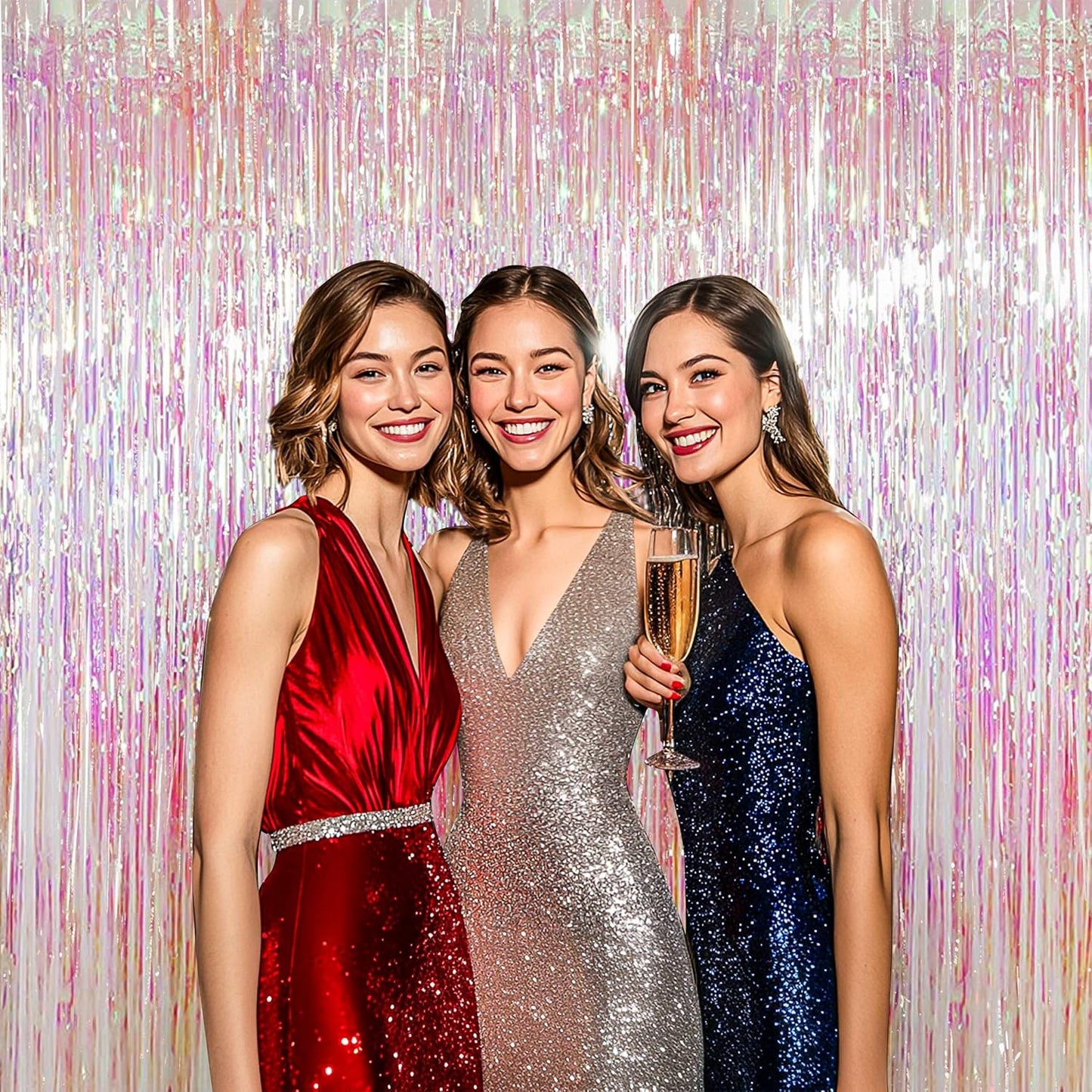 BTSD-home 4 Pack Iridescent Backdrop Transparent Clear Foil Fringe Curtain, Metallic Photo Booth Tinsel for Mermaid Frozen ERAS Wedding Birthday Baby Shower Bachelorette Party Decorations(8ft x 3ft)