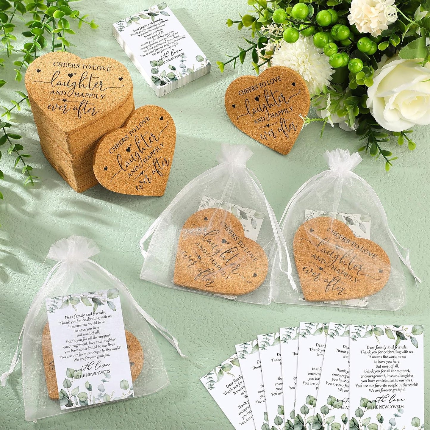 Uiifan 150 Set Wedding Favors for Guest Coaster Gifts Bulk Heart Shaped Coasters Thank You Cards Organza Bags Guest Souvenirs for Wedding Party Bridal Favors