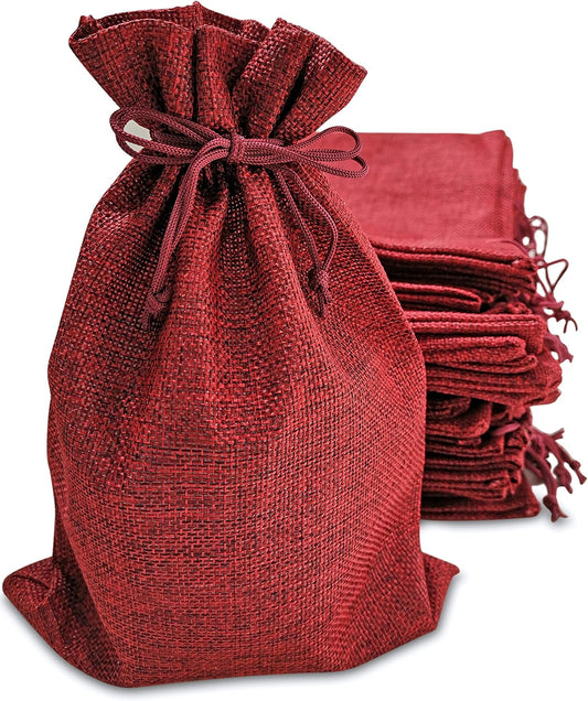 50 Red Burlap Bags with Drawstring, 5x8 Inch (5x7 Internal) Gift Bag Bulk Pack for Christmas, Advent, Holiday Gift Wrap, Wedding and Birthday Party Favors, Jewelry and Treat Pouches (Red)