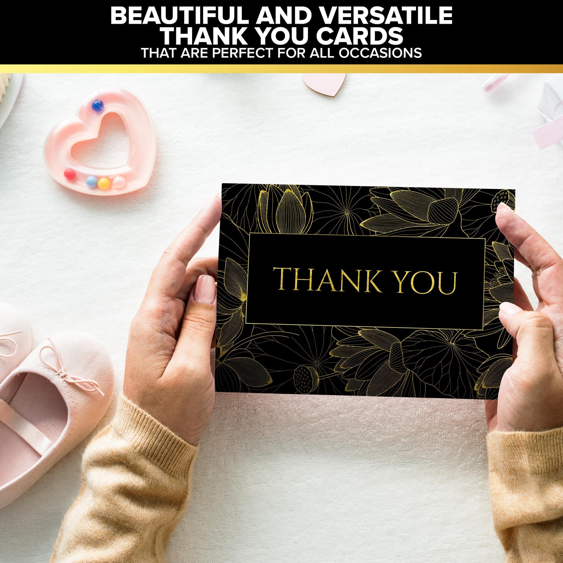Decorably 24 Pack Gold Foil 6x4in Black Thank You Cards with Envelopes