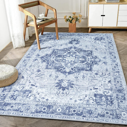 Bloom Rugs Washable Non-Slip 4' x 6' Rug - Gray/Blue Traditional Medallion Area Rug for Living Room, Bedroom, Dining Room, and Kitchen - Exact Size: 4' x 6'