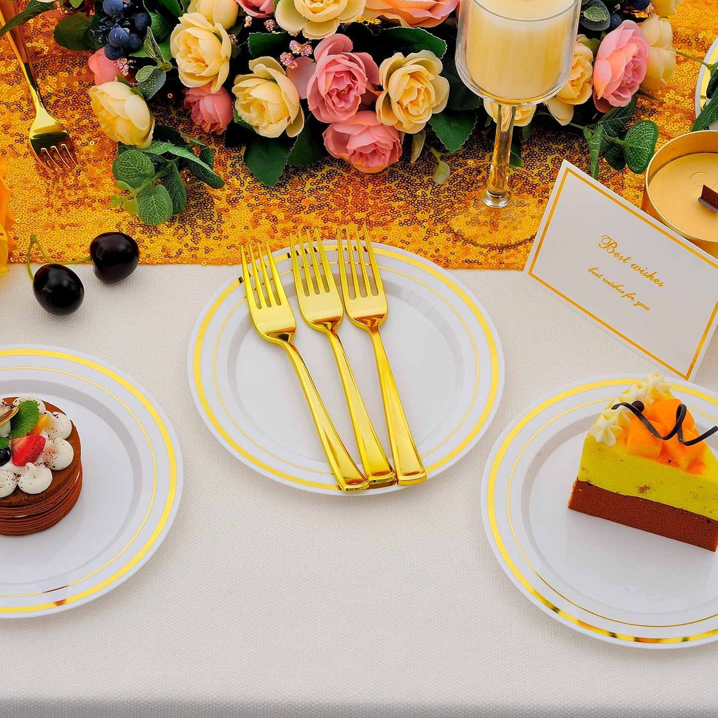 200pcs Gold Dessert Plates with Forks for 100 Guests-100pcs 7.5" Small Plastic Dessert Plates and 100pcs 7.4" Forks-Disposable Cake/Appetizer/Salad Plate for Wedding/Birthday/Party