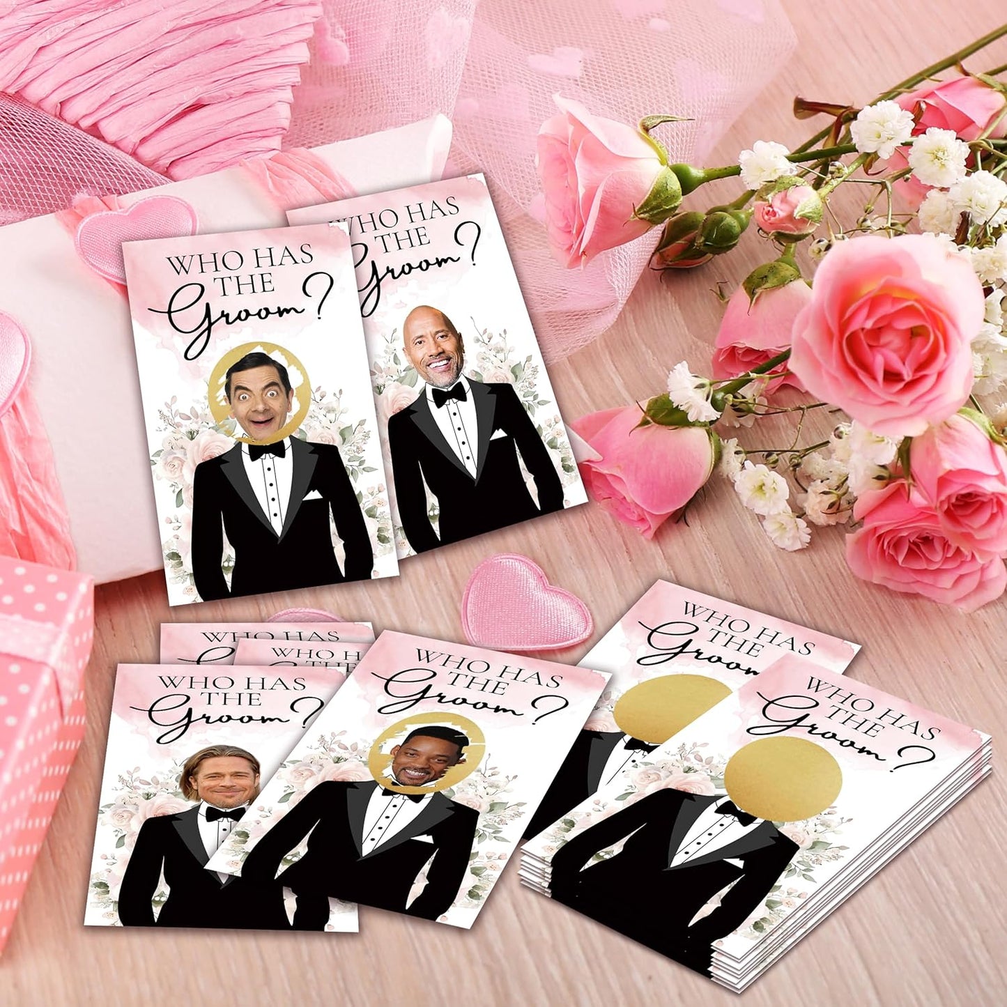 Who Has The Groom Bridal Shower Games, 41 PCcs Pink Floral Scratch Off Cards, 3.5"x 2.1" Funny Bachelorette Party Game Favor Decor, Engagement Party Ideas Activities-A02