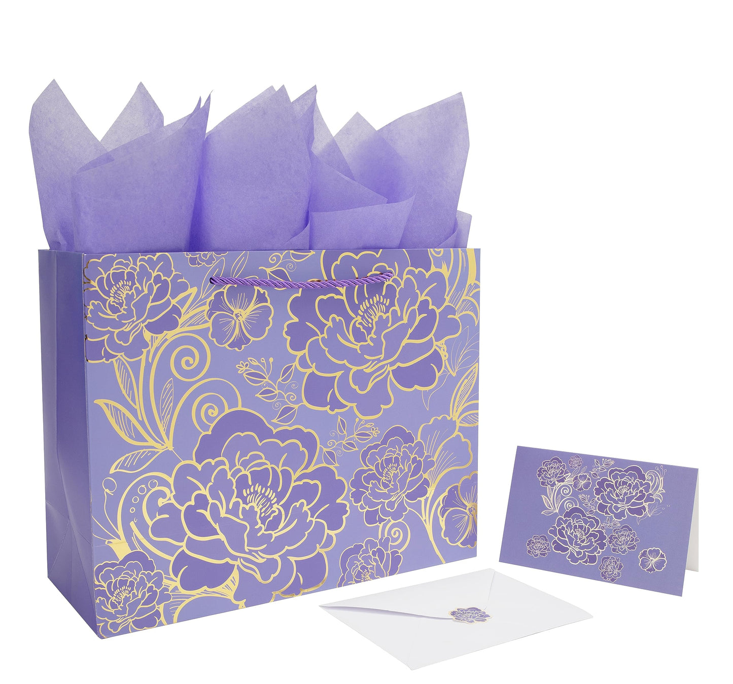 Qirrmiy 13" Large Rose Purple Gift Bag Set with Greeting Card and Tissue Paper for Women or Girls