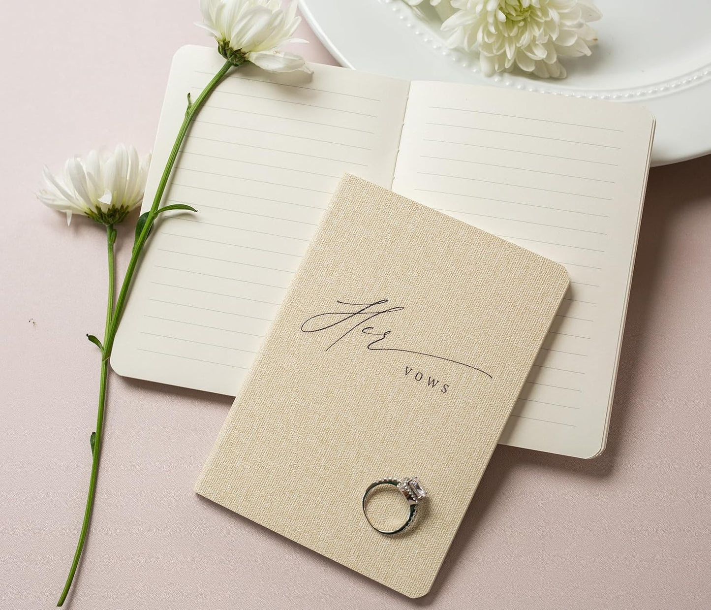 Slim Vow Books (Set of 2 - Design 5) - Soft Cream Canvas Linen Textured Cover Wedding Vow Booklets, Ceremony Speech Promise Notebook Journal, Gift for Newly Engaged Couple, 48 Lined Pages, 5.75" x 4"