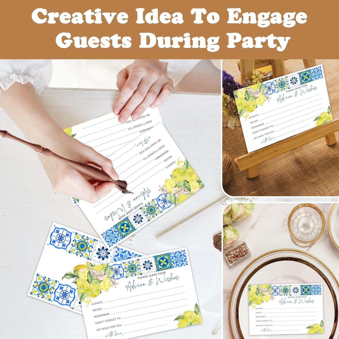 Advice And Wishes Cards (25pcs), Mediterranean Lemon Advice Cards For Mr And Mrs, Bride And Groom, New Parents, Bridal Shower, Baby Shower, Engagement, Wedding, Bachelorette Party Games Decor -A03