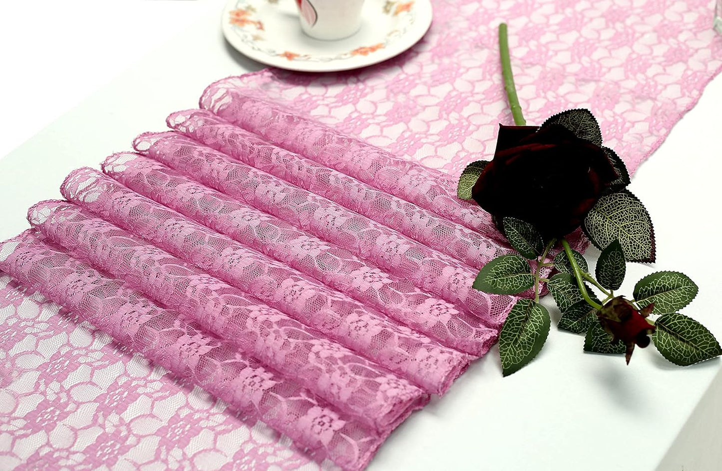 MDS Pack of 15 Wedding 12 x 108 inches Lace Table Runner for Wedding, Decorations for Birthday Parties, Banquets, Graduations, Engagements, and Runners fit Rectangle, Round Table- Dusty Pink