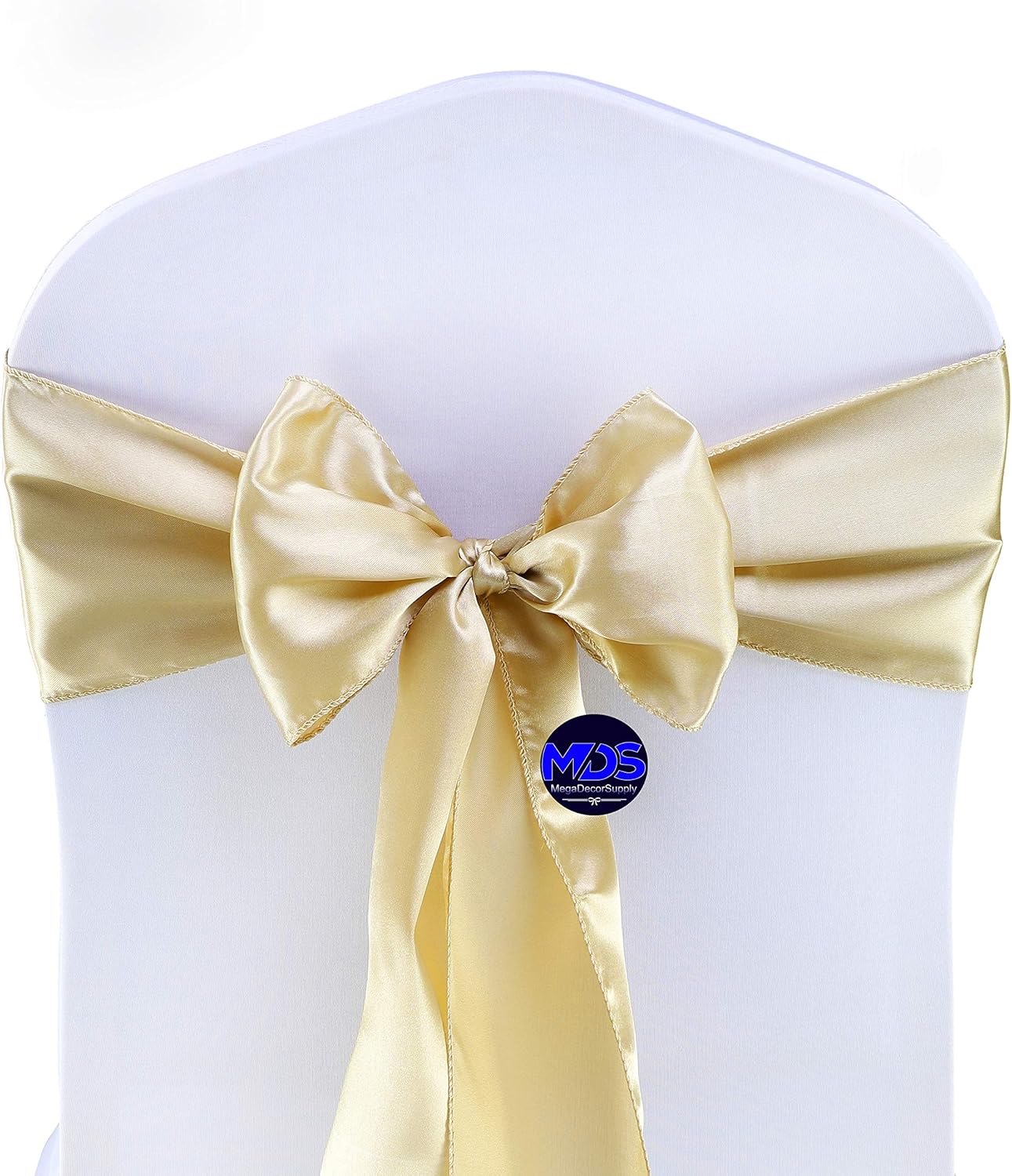 MDS Pack of 300 PCS Satin Chair Sashes Charmeuse Sateen Dining Chair Bows Ribbon Ties Back Sash for Wedding Party Birthday Home Hotel Restaurant Banquet Decoration (7 x 108 Inch, Champagne Gold)