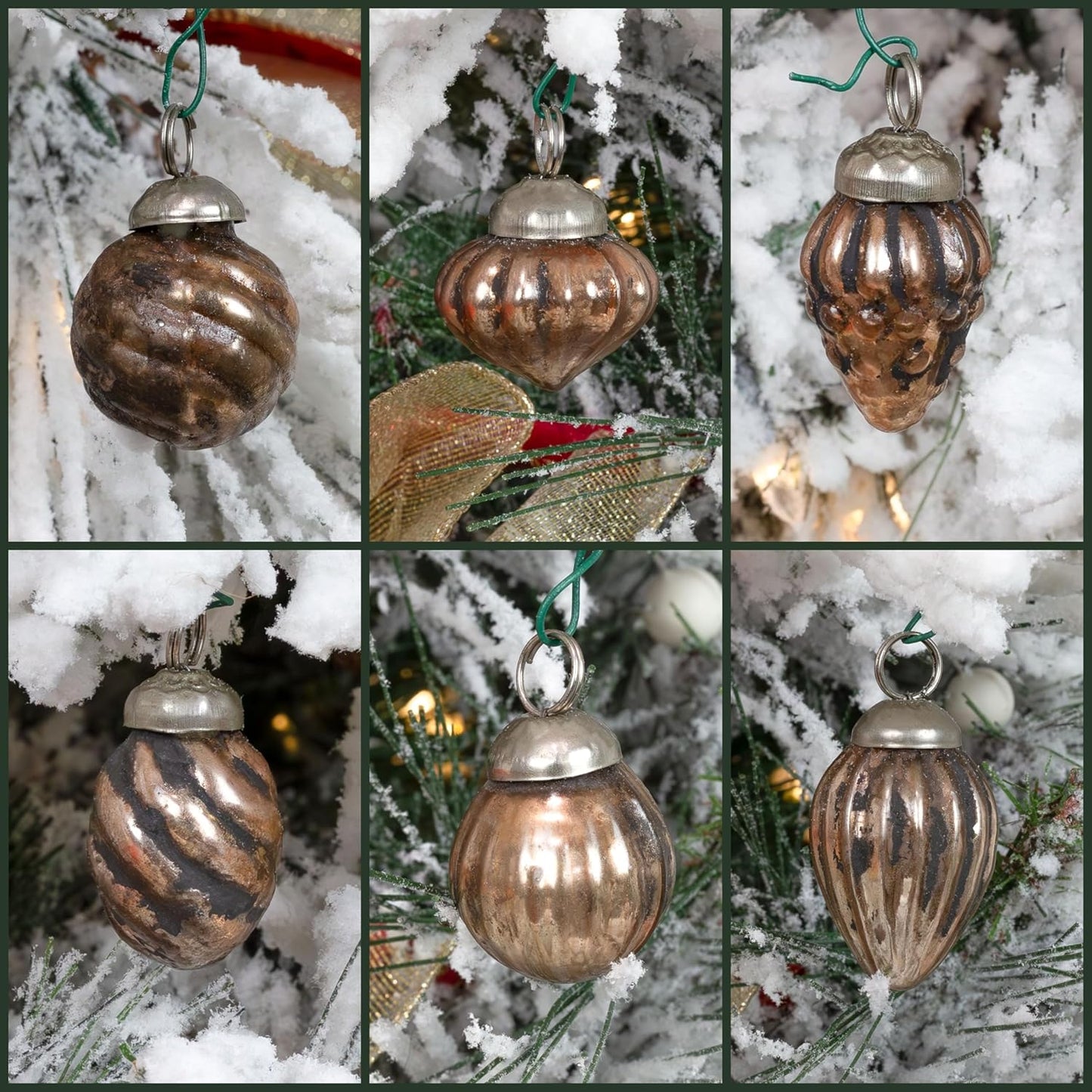 AuldHome Mercury Glass Finial Ornaments (Set of 12, Copper, Small); Distressed Metal Antique Style Christmas Tree Decorations; 1.3 to 2-Inch Size