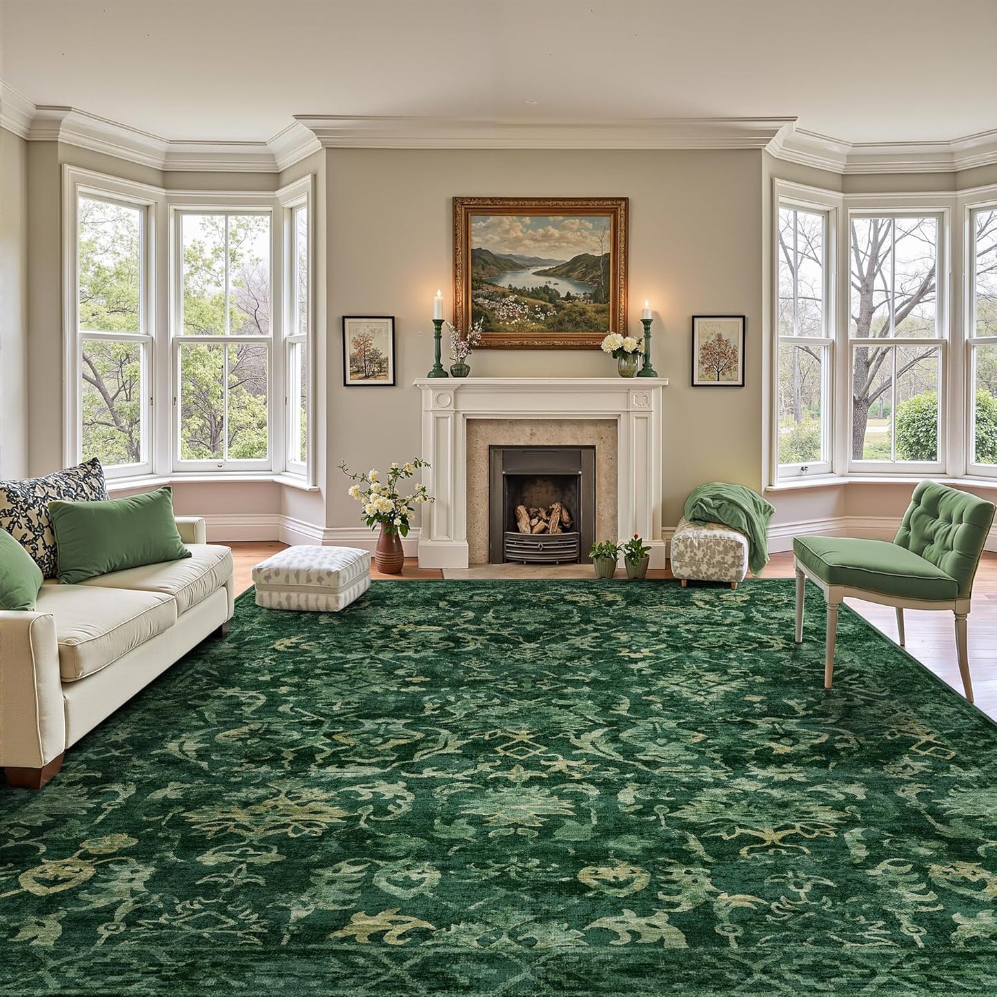 Dark Green Extra Large Area Rug 10x14 for Living Room, Distressed Washable Rug for Dining Room Bedroom, Anti-Slip Low-Pile and Soft Accent Rug Farmhouse Office Home Decor Light Green