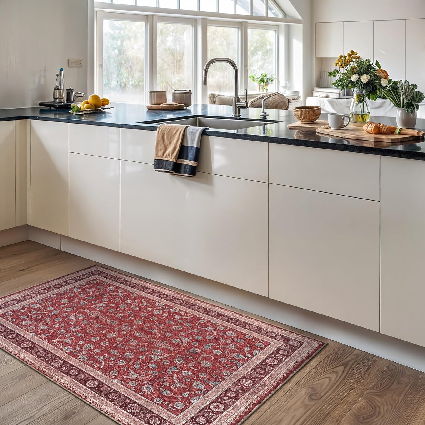 Bloom Rugs Washable Non-Slip 3' x 5' Rug - Red/Beige Traditional Bordered Area Rug for Living Room, Bedroom, Dining Room, and Kitchen - Exact Size: 3' x 5'