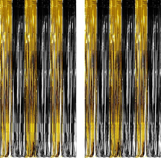 Black and Gold Party Streamers Decoration - GREATRIL Foil Fringe Backdrop for 2026 NYE/Anniversary/Farewell/Cocktail/Prom/EID/Birthdays - 3.2ft X 8.2ft - 2 Packs