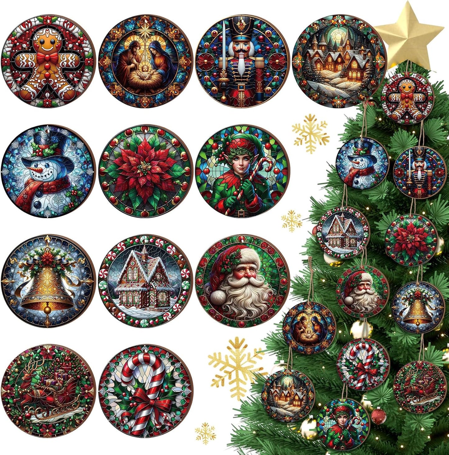 Suzile 36 Pcs Christmas Wooden Ornaments Vintage Christmas Decoration Oil Painting Round Ornaments Retro Santa Claus Gingerbread Man Hanging Decoration for Xmas Farmhouse Home Winter Party